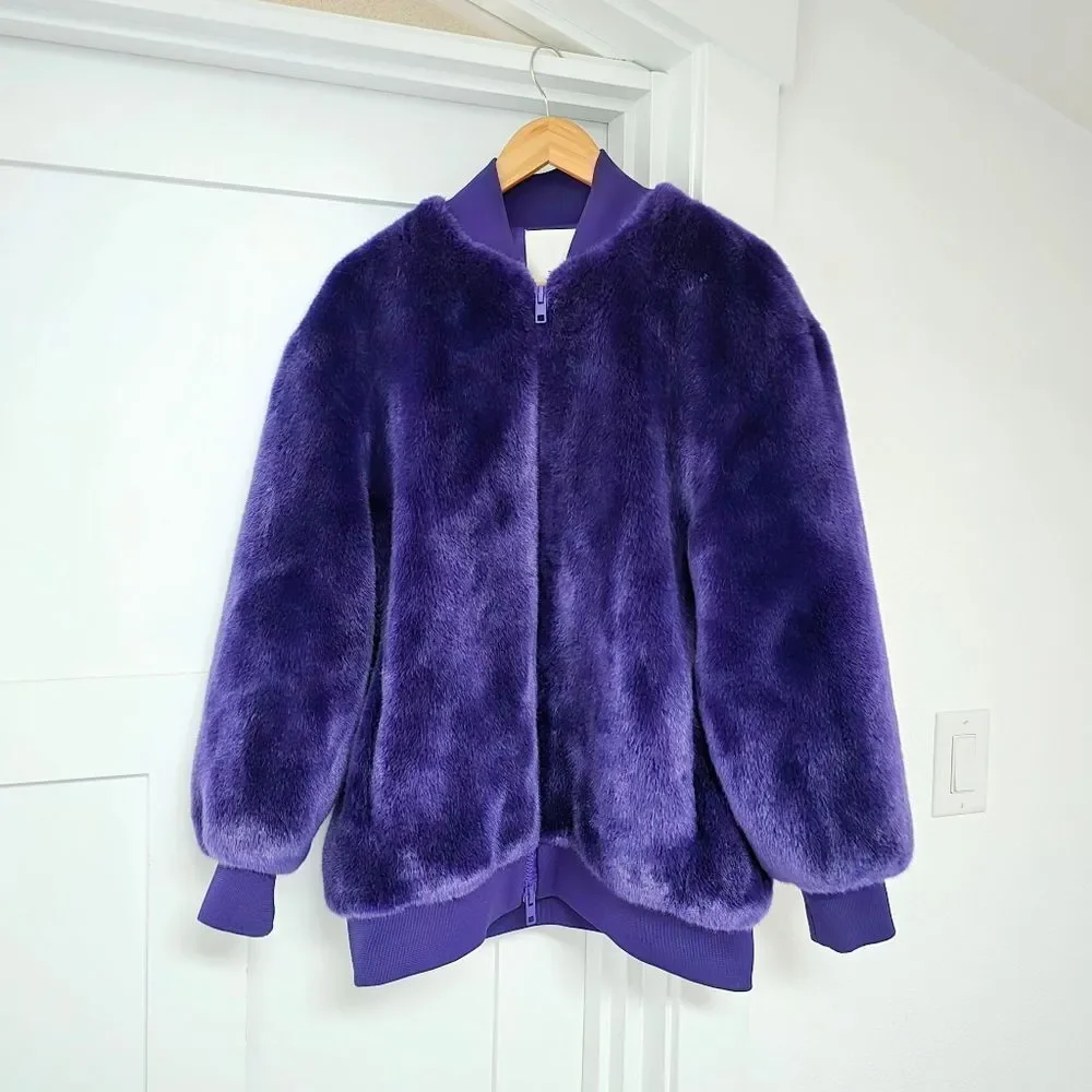 Tibi Luxe Faux Fur Mid Length Sporty Bomber Jacket in Purple - Picture 5 of 13